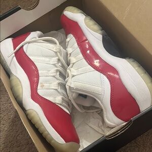 Red and White Jordan 11 Sneaker